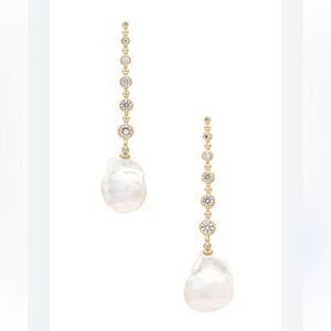 SHASHI Gold and Cream Linear Drop Earrings with Pearls Diamond Baroque Revolve